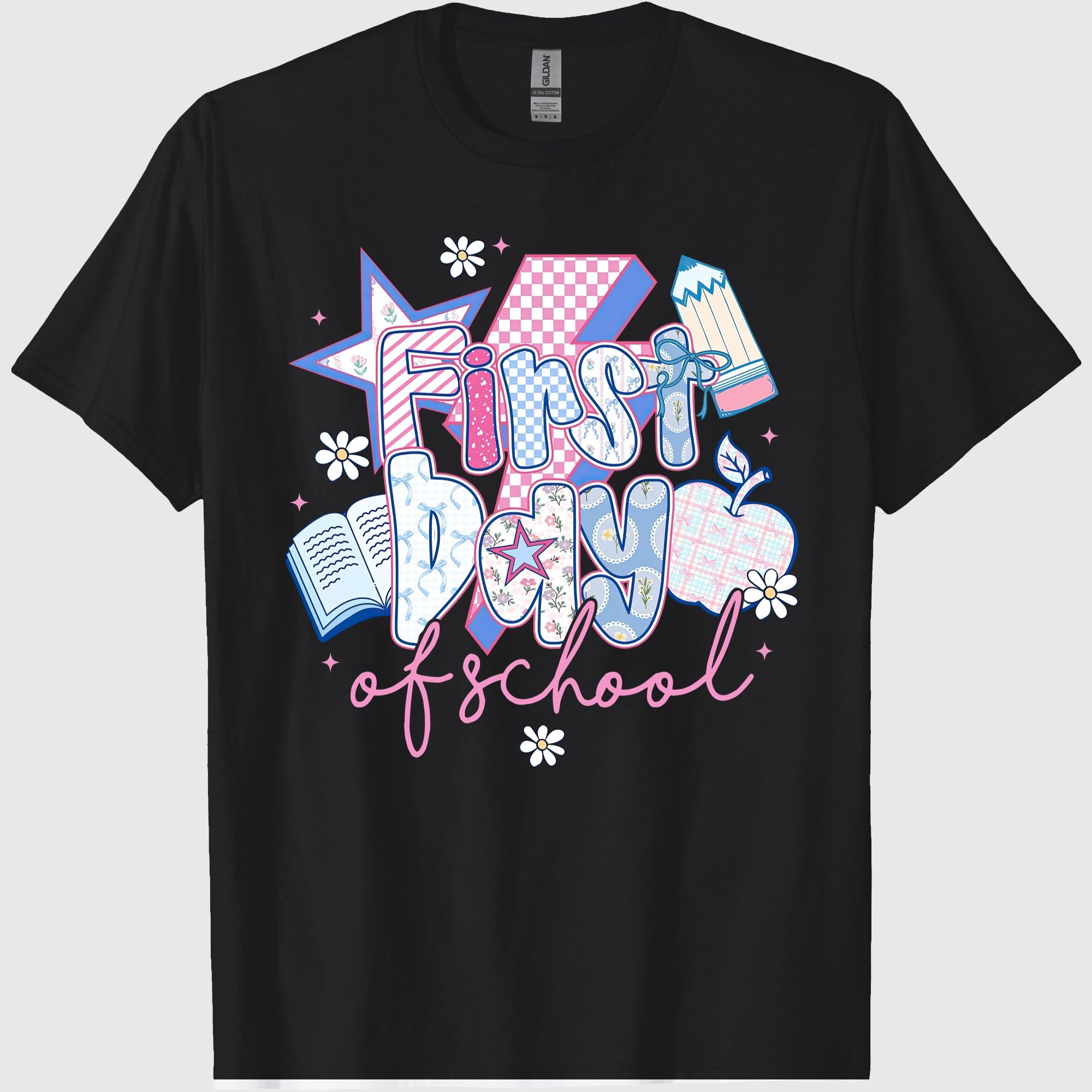 First Day of School, Preppy Back to School T-Shirt, Coquette Teacher Sublimation, Retro Girly Pencil Apple Book, Crew Neck, Cotton Relaxed Unisex Fit Casual Short Sleeve Tee