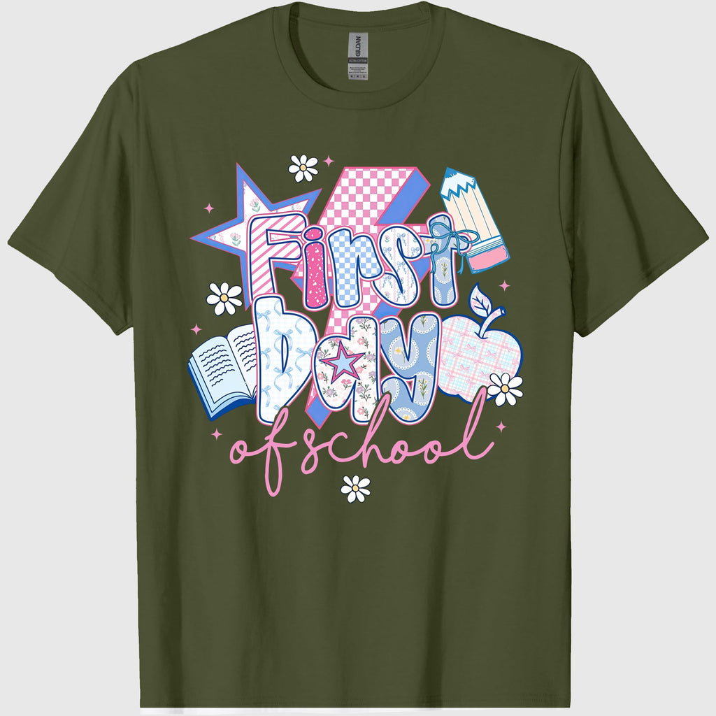 First Day of School, Preppy Back to School T-Shirt, Coquette Teacher Sublimation, Retro Girly Pencil Apple Book, Crew Neck, Cotton Relaxed Unisex Fit Casual Short Sleeve Tee